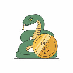 Obraz premium Green Snake Coiled Around a Golden Dollar Coin.