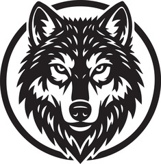 Detailed Wolf Portrait Emblem Powerful Black and White Circular Illustration of a Symmetrical Wolf Head with Realistic Fur Textures