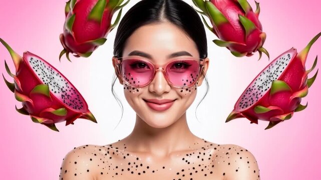 Young Asian woman in dragon fruit-themed portrait, pink sunglasses with black seed spots, matching dotted seed freckles on cheeks, framed by whole and halved pitayas, animated with a subtle smile