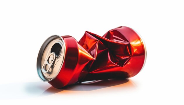 Crushed Red Soda Can Isolated on White Background.