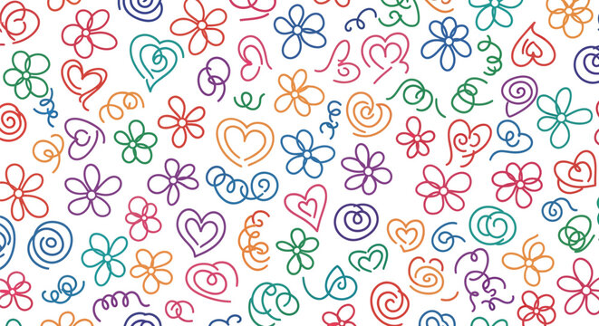 Colorful doodle hearts and flowers create a cheerful seamless pattern background