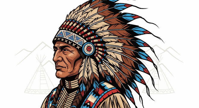 Native American man wearing a traditional headdress with feathers.