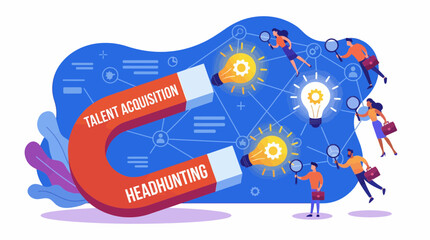 Fototapeta premium Huge magnet attracting HR professionals searching for innovative talent light bulbs on blue network background, concept for recruitment process, employment strategy and corporate development