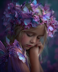 Naklejka premium Sleeping girl with purple flower crown in dreamy fantasy portrait