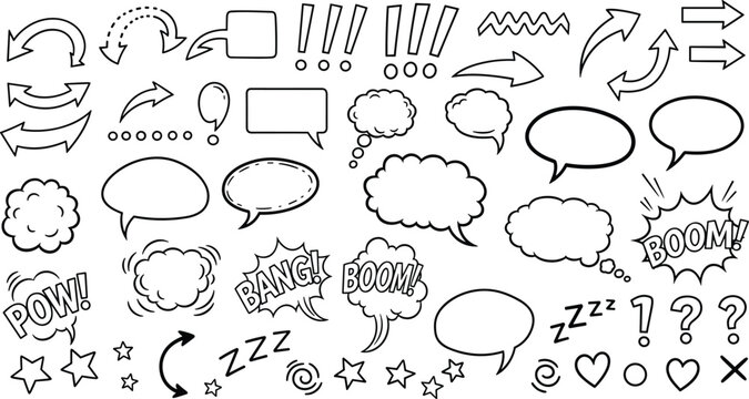 Comic speech bubble set with chat message dialogue explosion and cartoon text symbols in outline vector style
