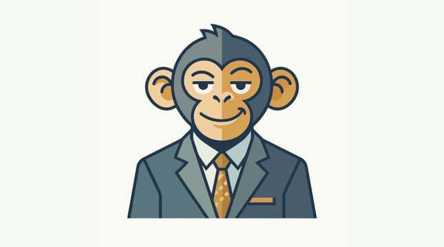 Flat vector illustration of a grinning monkey mascot wearing a business suit and tie, concept for professional services, corporate identity and investment banking