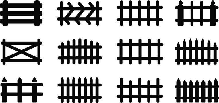 Set of twelve wooden fence silhouette icons collection, garden barrier vector illustration isolated on white background for farm and yard design.