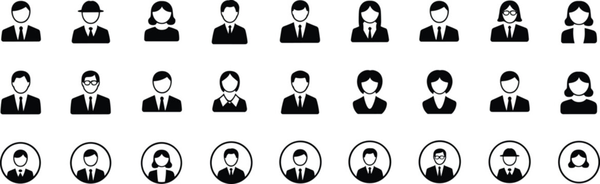 Set of twenty seven business people icons collection, user profile avatar silhouette, male and female office worker vector illustration isolated on white.