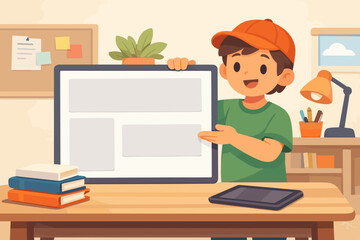 Fototapeta premium Young boy presenting project board in classroom setting