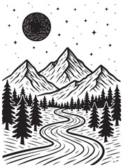 Winding road through mountain forest under starry night sky