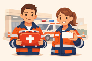 Young caucasian paramedics with medical kit and id in front of ambulance