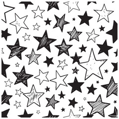Black and white hand drawn stars pattern on white background