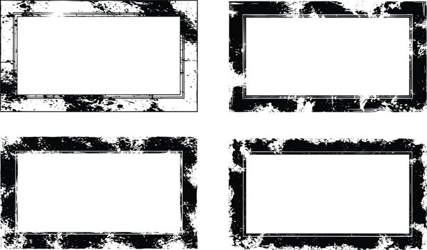Grunge frame border set with distressed rectangle vintage texture and rough edge frame elements in vector style