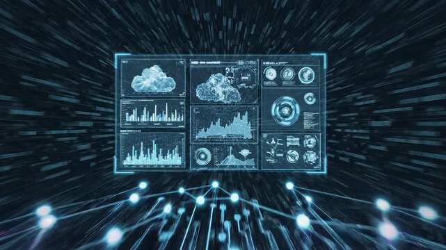 Advanced digital dashboard displaying cloud computing data analytics and statistics for use in business information technology software interface.