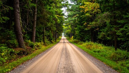 Obraz premium Forest road stretching into the distance, framed by tall trees, with hints of autumn color