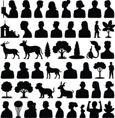 Mega collection of human and animal silhouettes, diverse people portraits, trees, dogs, deer, and nature elements, black vector icons on white © MdSirajul