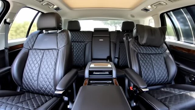 Interior view of a luxury vehicle with quilted black leather seats
