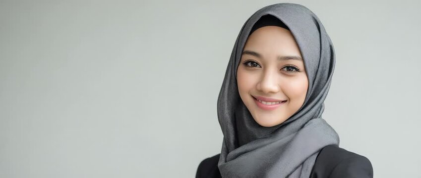 Professional footage of a Beautiful Young Muslim Woman Wearing a Hijab and Blazer on a Neutral Background