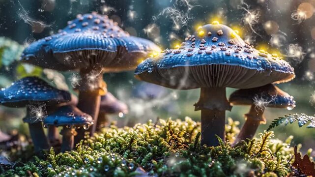 Magical mushrooms in a forest environment with glowing particles