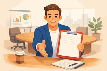 Naklejka premium Young caucasian male professional offering handshake in office setting with documents and coffee