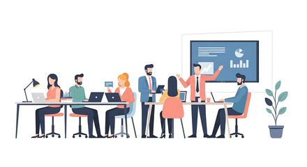 Obraz premium lat business people illustration, modern corporate team working together, startup office scene, clean minimal vector style, soft pastel colors, simple shapes, no text, no logo, white background, adobe