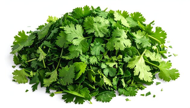 Freshly chopped cilantro pile, vibrant green leaves, isolated against white background, showcasing culinary herb texture