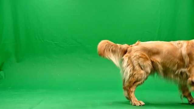 Energetic Golden Retriever dog walking on a vivid green screen background, captured in a dynamic isolated shot for easy compositing and visual effects