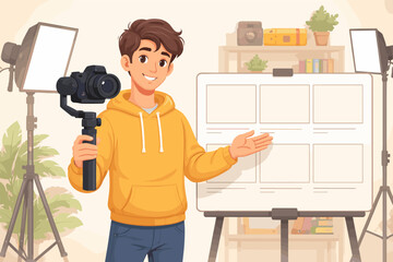 Young hispanic male vlogger with camera in studio setting