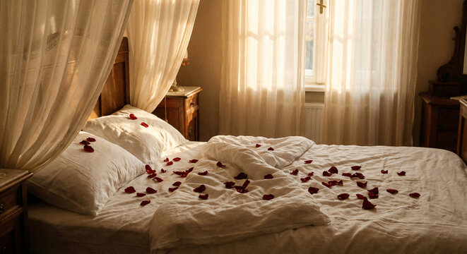 An unmade white bed with scattered red rose petals