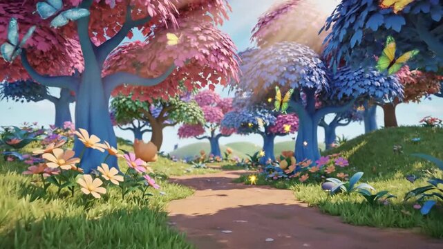 Fantasy forest scene with mushroom and snail animated in cartoon style