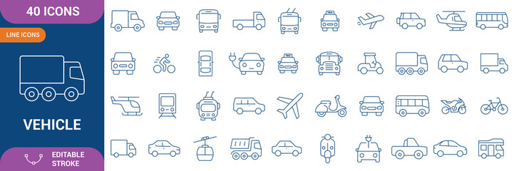 Vehicle icon set. car, bike, plane, train, bicycle, bus, scooter and motorbike symbols for transportation, travel, traffic. Editable stock line. © Ariful
