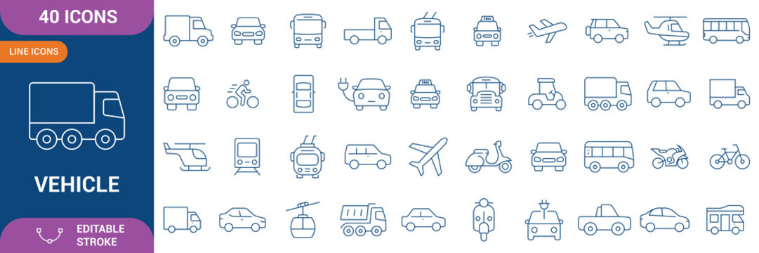 Vehicle icon set. car, bike, plane, train, bicycle, bus, scooter and motorbike symbols for transportation, travel, traffic. Editable stock line.