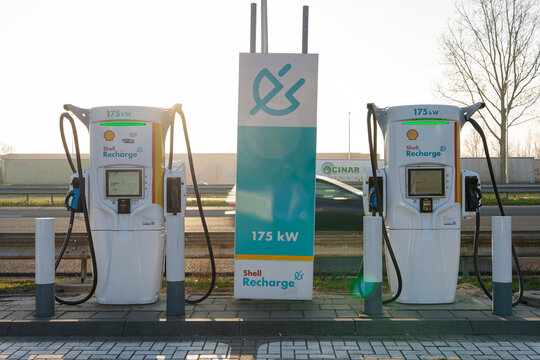 January 24, 2026, Amsterdam, Netherlands - Shell Recharge electric vehicle charging stations