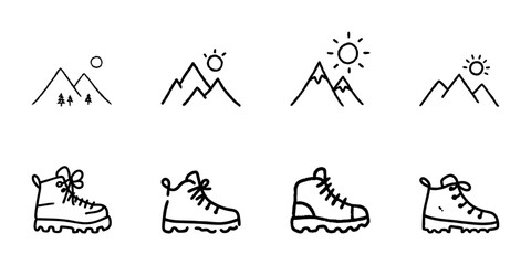 Obraz premium Mountain And Hiking Boot Line Icon Set In Doodle Style. Outdoor Adventure, Trekking, And Nature Exploration Outline Sketch Collection. Hand Drawn Isolated Vector Illustration