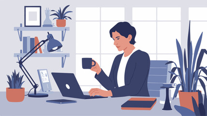 Modern home office scene featuring a person working on a laptop and holding a mug, surrounded by plants and decor