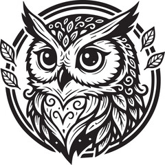 Mystical Wise Owl Emblem Intricate Black and White Circular Illustration of an Ornate Owl Head with Decorative Leaf Accents
