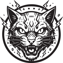 Cybernetic Electric Cat Emblem Fierce Black and White Circular Mascot Featuring a Roaring Cat with Mechanical Details and Lightning Bolts