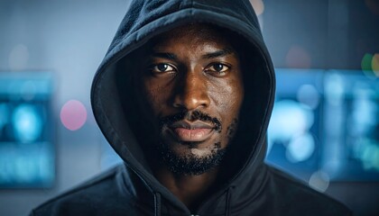 Retrato de hombre afroamericano con sudadera y mirada directa en entorno tecnol&oacute;gico