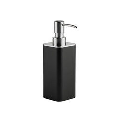 Obraz premium A sleek black soap dispenser with a silver pump on a white background