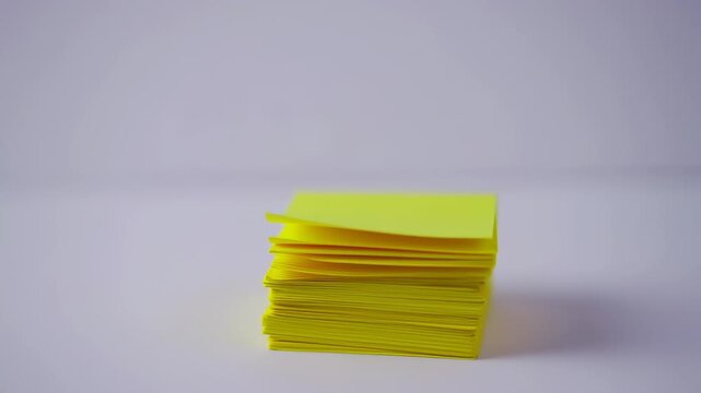 A stack of bright yellow sticky notes against a light gray background