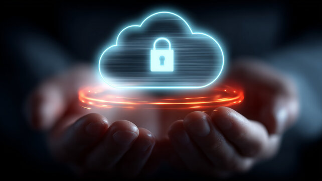 Hands presenting a secure cloud icon with a padlock, representing cloud data protection, privacy, and cybersecurity for online services.
