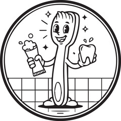 Cheerful Toothbrush Mascot Friendly Black and White Circular Emblem Featuring a Cartoon Toothbrush Character Holding Toothpaste and a Healthy Tooth