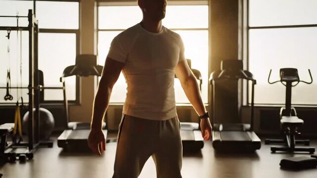Man stretching in gym with equipment during day sunlight