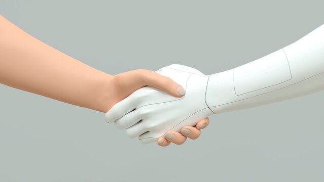 une main d'homme qui serre la main d'un robot - rendu 3D