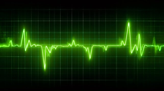Electrocardiogram monitoring the heart rate, displaying an abstract green pulse wave on a dark grid screen, representing vital life signals and health data
