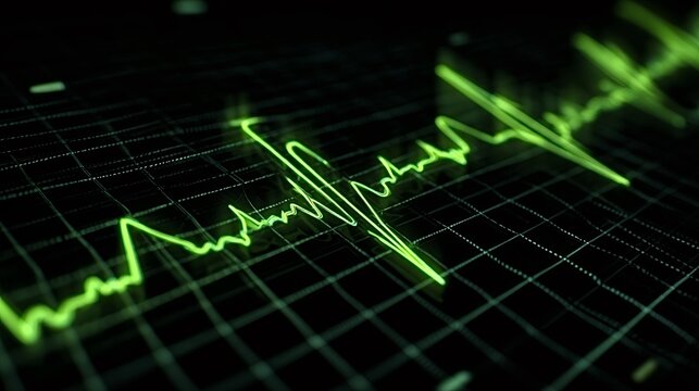 Green glowing ecg pulse tracing across a dark digital monitor, highlighting heart rate and vital signs in a futuristic medical display for cardiology, monitoring and diagnostics