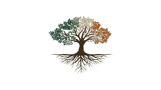 Vibrant abstract tree logo design with deep roots and foliage in green, white, and orange, representing growth, heritage, and connection.
