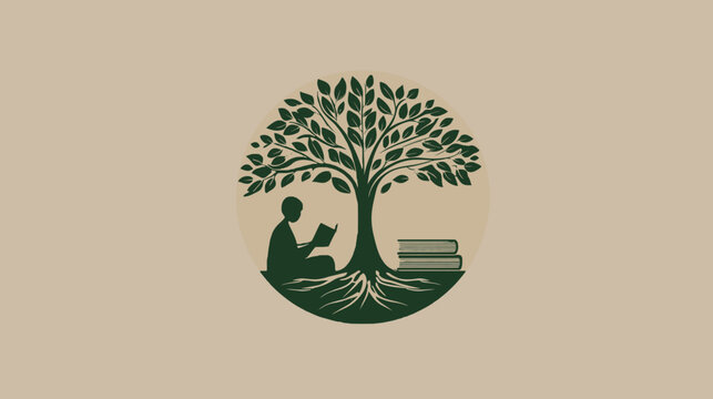 Vector graphic of a person reading a book under a vibrant tree with visible roots, symbolizing education, knowledge, wisdom, and growth.