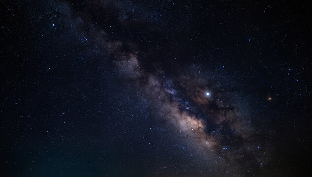 Galaxy view in the night sky showing stars and a bright band of light with visible cosmic structures above a dark landscape Generative AI