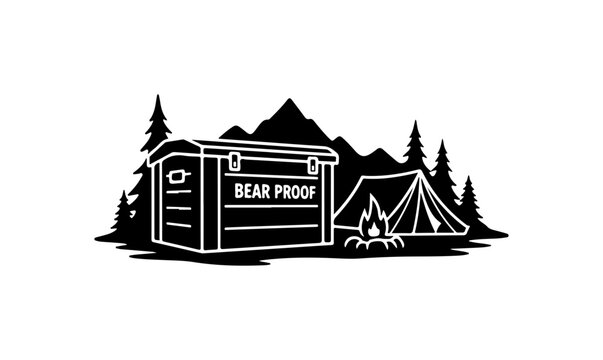 Bear Proof Storage Box with Camping Scene Vector Illustration